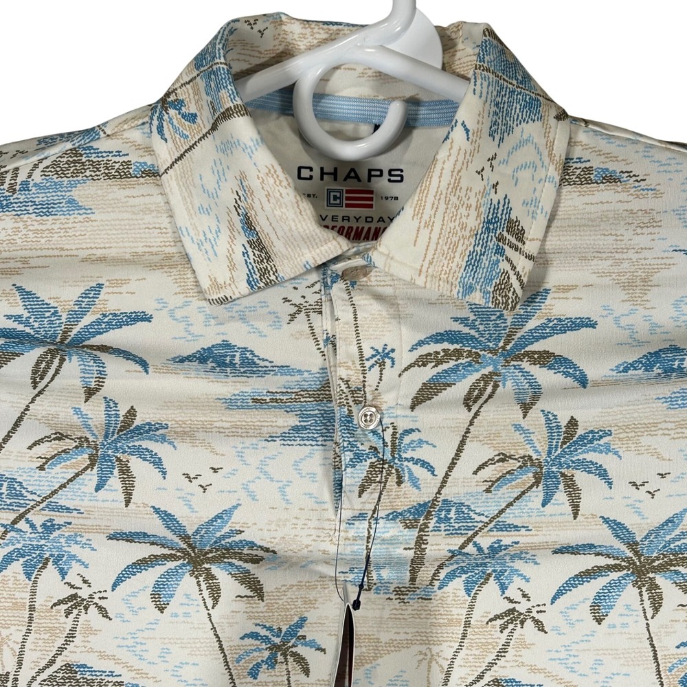 Chaps Mens Everyday Performance Polo Shirt Ecru Tropical Palm Tree Medium New